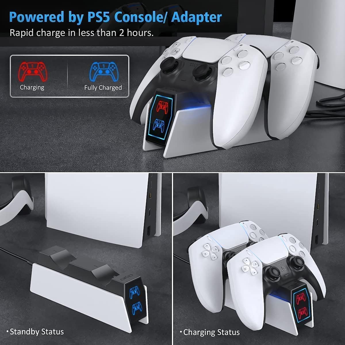 OIVO - Cargador Para Mando PS5, 2H Rápido Cargador Ps5 Con 2 Tipos De Cable Para Mando PS5, Estación De Carga Compatible Con Mandos Dualsense Playstation 5