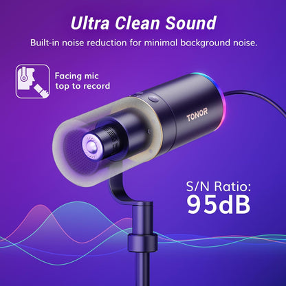 Micrófono Gaming XLR/USB, Micrófono Dinámico para Grabación de Podcasts y Streaming con Luz RGB, Botón de Silencio, Conector para Auriculares, Monitoreo, Soporte de Escritorio, Micrófono Vocal Metálico