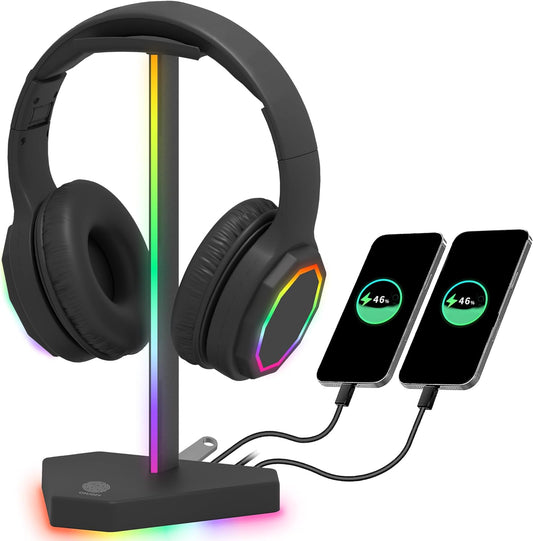 Soporte para auriculares RGB con 1 puerto USB-C para transmisión de datos y 3 puertos de carga tipo C