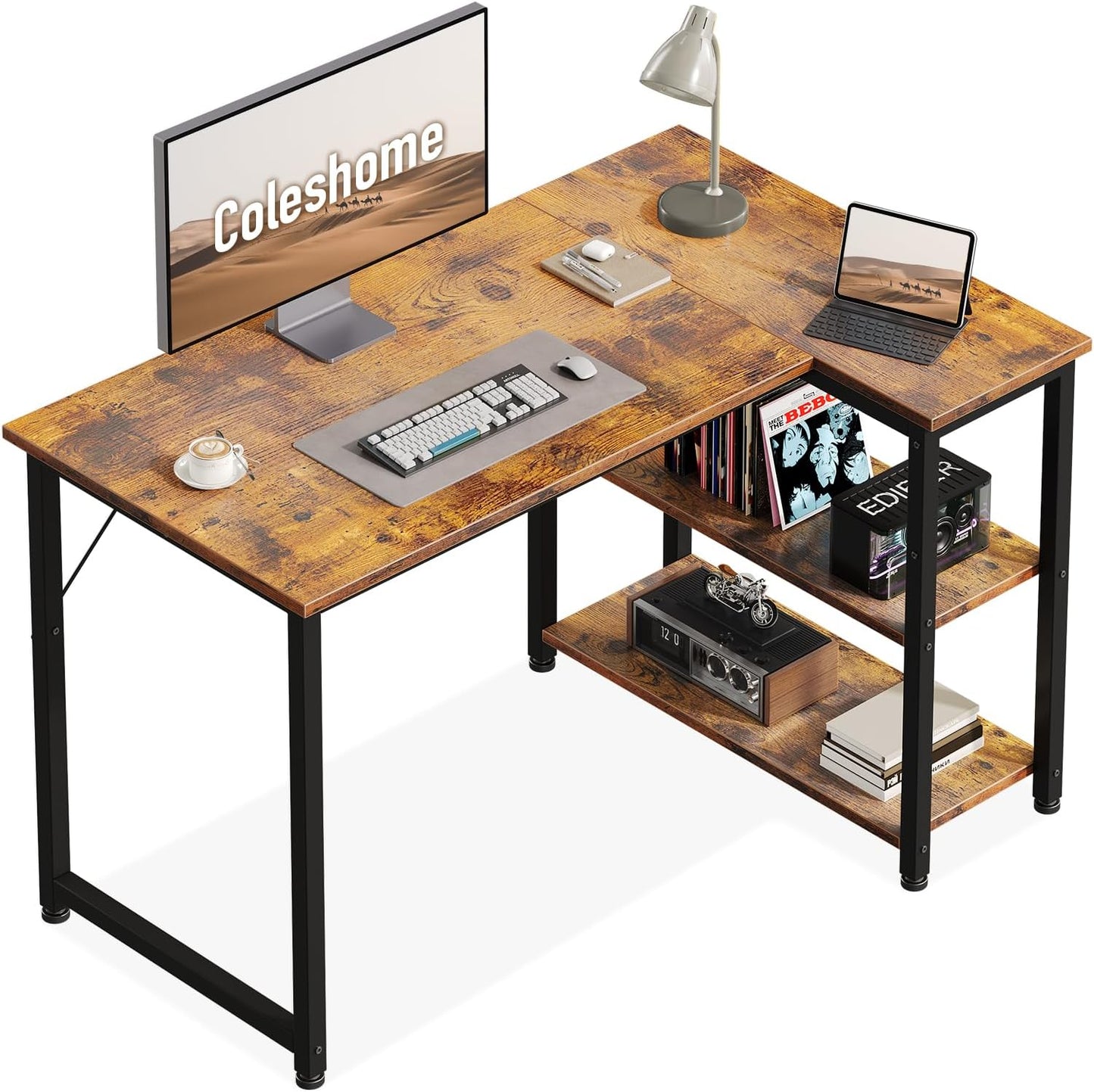 Coleshome Escritorio Gaming, Escritorio Esquinero Con Estante De Almacenamiento Reversible, Ahorra Espacio