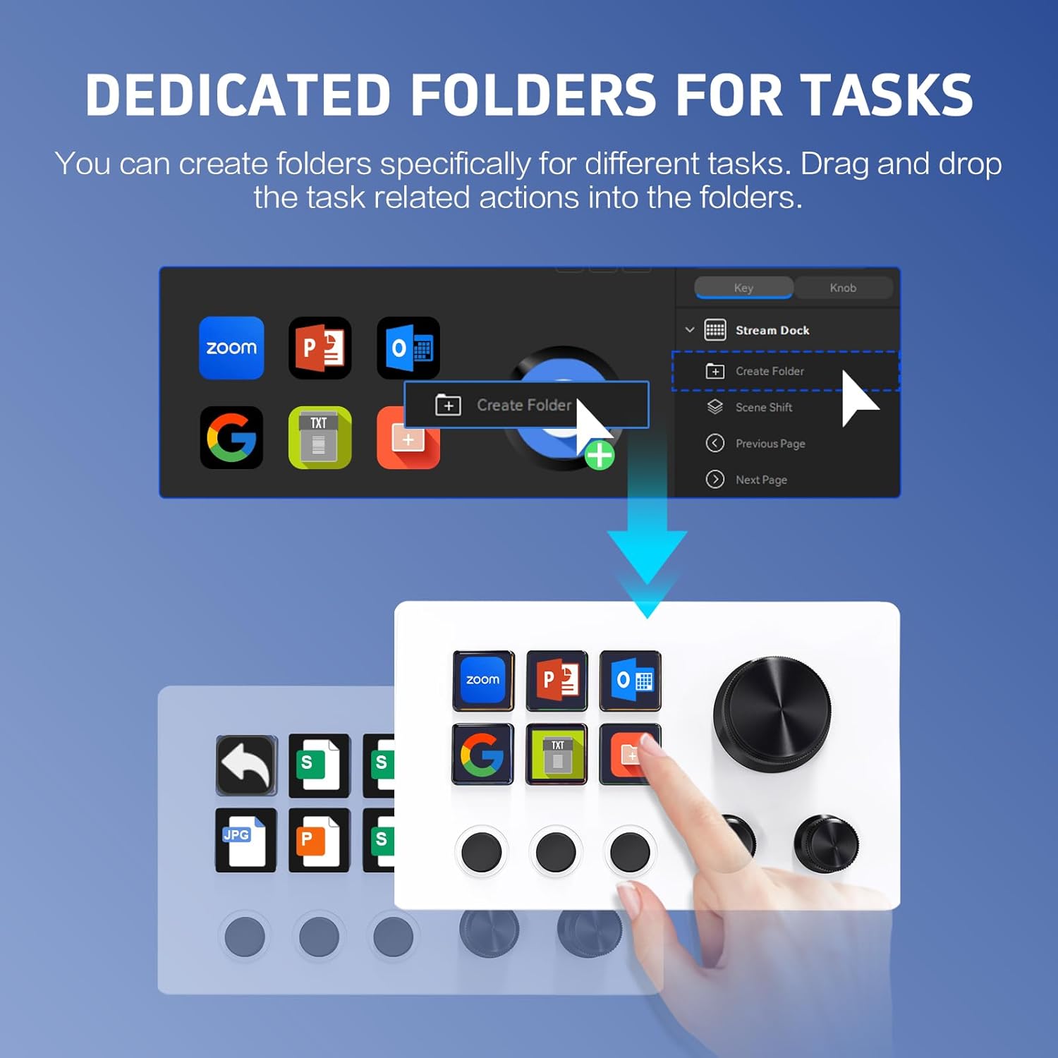 Panel de control para streamers, teclado de accesos directos para gaming con 6 teclas LCD personalizables, 3 botones y 3 perillas, permite activar acciones en OBS, Twitch y YouTube, compatible con Windows y macOS