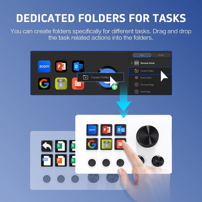 Panel de control para streamers, teclado de accesos directos para gaming con 6 teclas LCD personalizables, 3 botones y 3 perillas, permite activar acciones en OBS, Twitch y YouTube, compatible con Windows y macOS
