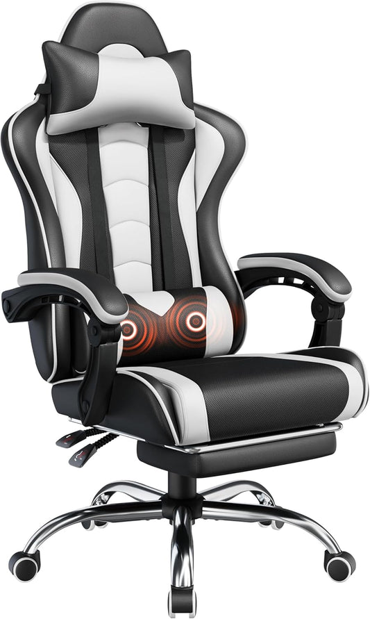 Silla de Gaming, Silla para Videojuegos con Soporte Lumbar con Masaje y Reposapiés ergonómica Ajustable en Altura para Gaming, con Asiento Giratorio y Reposacabezas