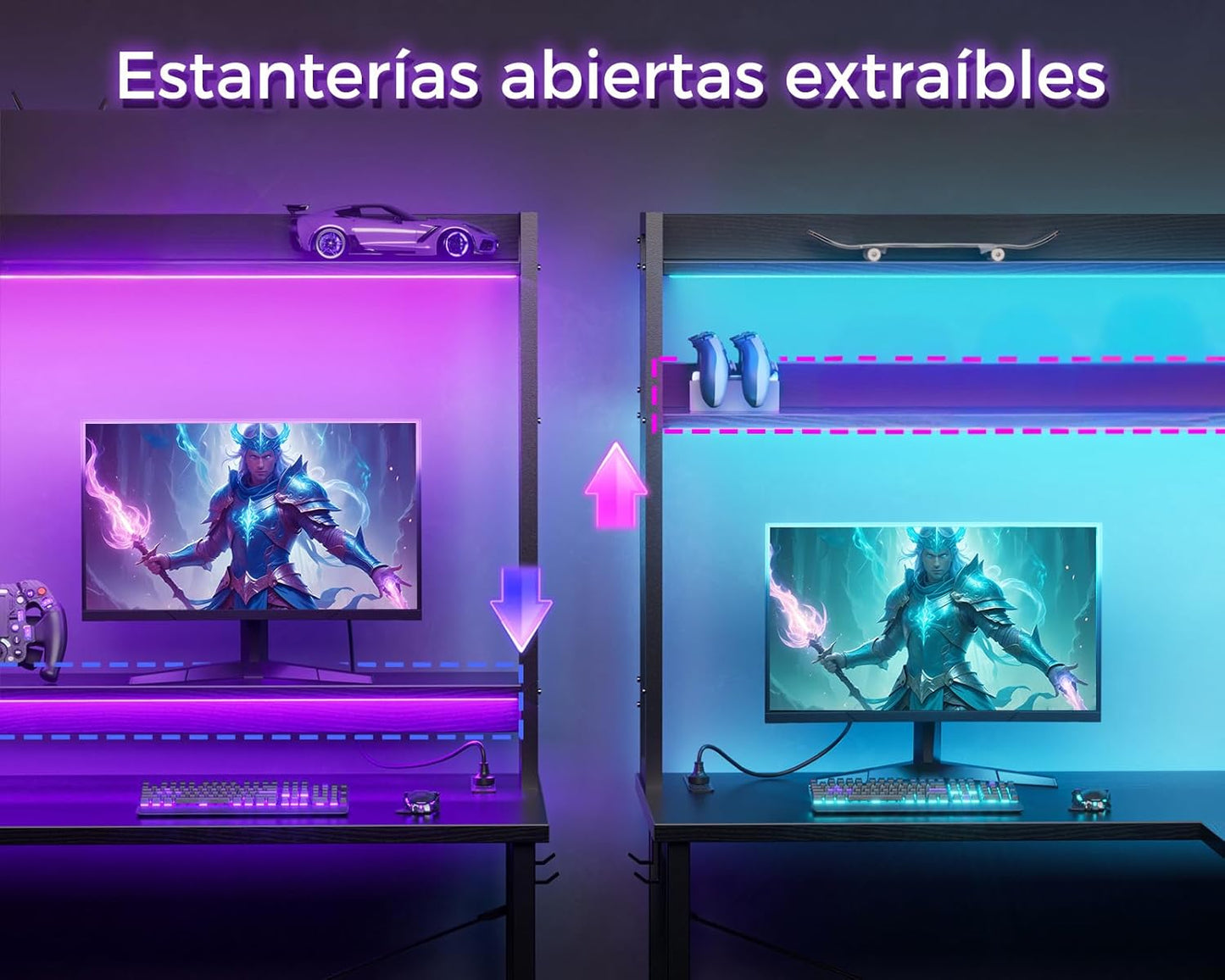 ODK Escritorio Gaming Con LED, 150×120 Cm Escritorio Con Estante Reversible, Escritorio En L Con Enchufes Y Puertos USB, Negro Con Compartimentos Y Almacenamiento