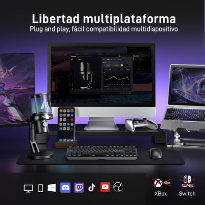 MAONO Microfono Inalambrico Para PC, Microfono PC Con Cambiador De Voz Con IA, Cancelación De Ruido De 3 Niveles, Luz RGB Personalizada, Para Juegos, Podcasting & Streaming, DM40 Pro Negro