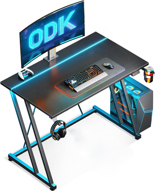 ODK 80 × 50 Cm Mesa Gaming Con Luces LED Y Toma De Corriente, Escritorio Gaming Con Soporte Para Taza Y Gancho Para Auriculares, Fibra De Carbono Negro