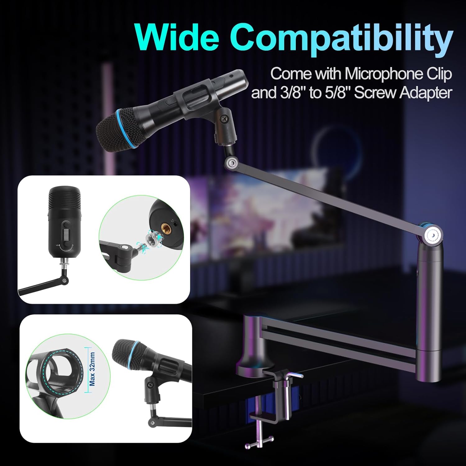 Micrófono Boom Arm, Brazo De Mic De Bajo Perfil, Soporte De Miro Para Podcastin, Streaming, Totalmente Ajustable 360 ° Giratorio 90 ° Plegable Para Blue Yeti