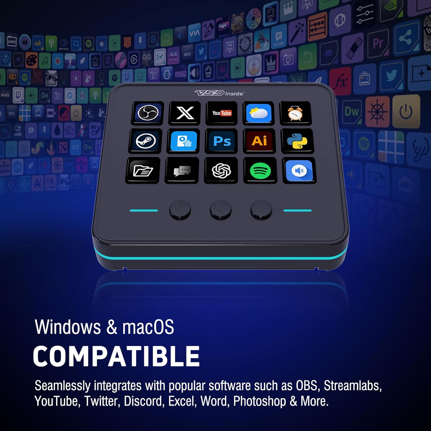 Panel de control para streaming y gaming, teclado de accesos directos con 18 teclas programables, panel visual personalizable con IA, soundboard USB compatible con OBS y YouTube, ideal para configuración de escritorio, laptop, PC y Mac.