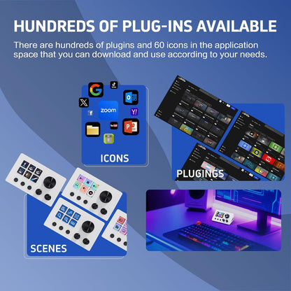 Panel de control para streamers, teclado de accesos directos para gaming con 6 teclas LCD personalizables, 3 botones y 3 perillas, permite activar acciones en OBS, Twitch y YouTube, compatible con Windows y macOS