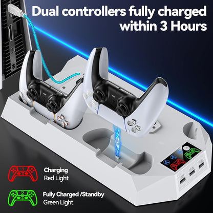 Soporte Para PS5/ Slim/Pro Con Refrigeración Y Cargador Para PS5 Mando, Ventilador Para PS5 Consola De 3 Velocidades Con Soporte Para Auriculares Y 3 USB HUB