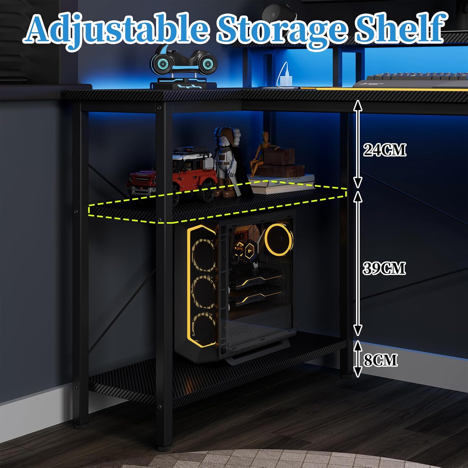 100 x 50 cm Escritorio L Con Luces LED Y Enchufes, Escritorio De Juego Con 2 Estantes, Con Soporte Para Monitor, Negro Carbón​