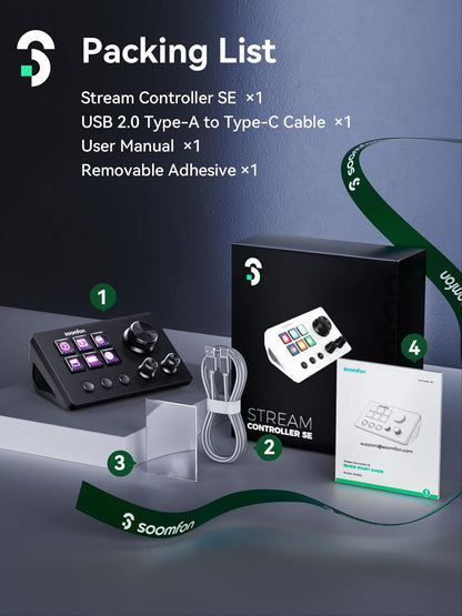 Panel de control con 6 teclas macro LCD personalizables para activar acciones en OBS, Twitch y YouTube, ideal para creadores de contenido y gaming, compatible con PC y Mac.