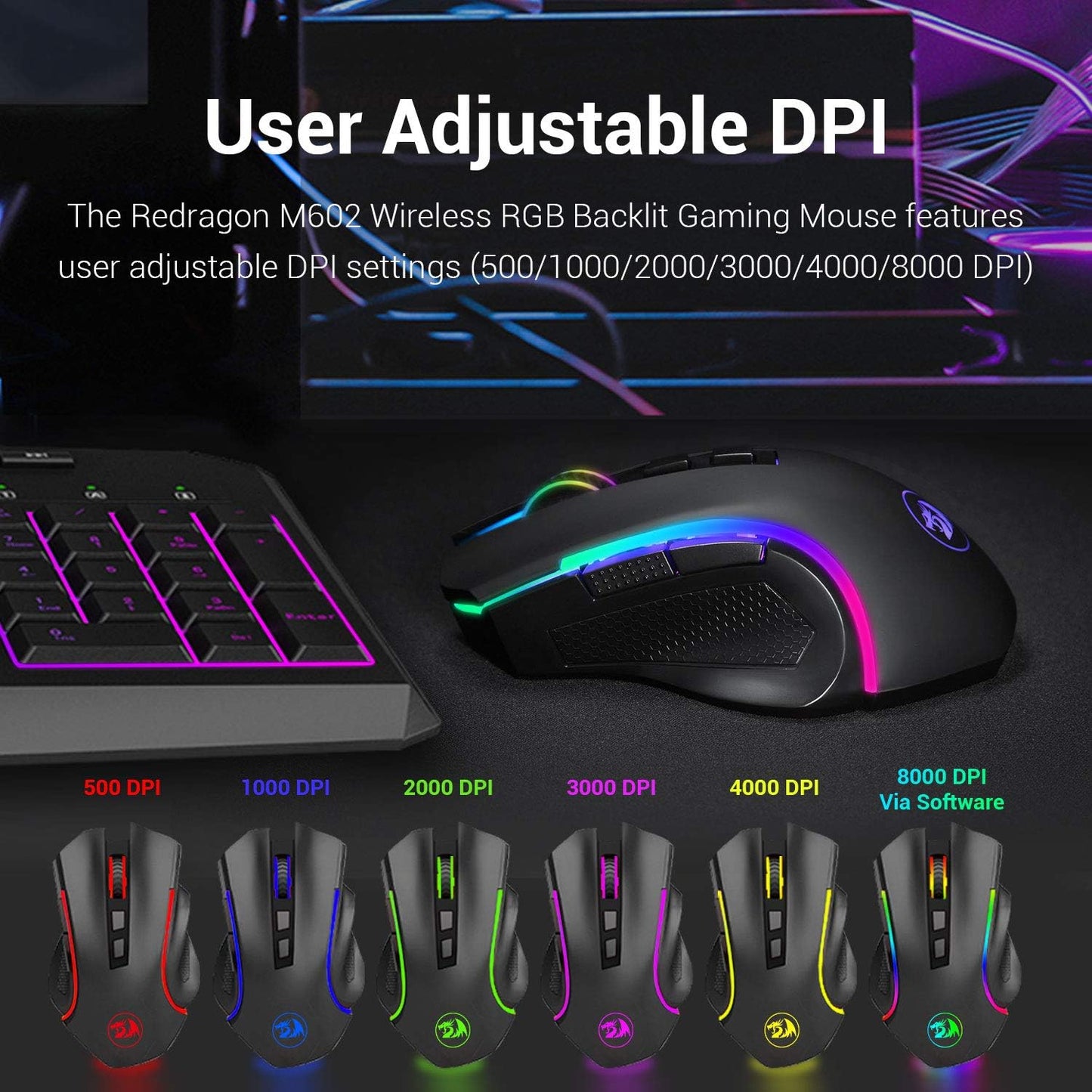 Raton Gaming Inalámbrico Redragon M602 Griffin RGB, mouse ergonómico con iluminación RGB Spectrum, 7 modos de retroiluminación programables y hasta 8000 DPI