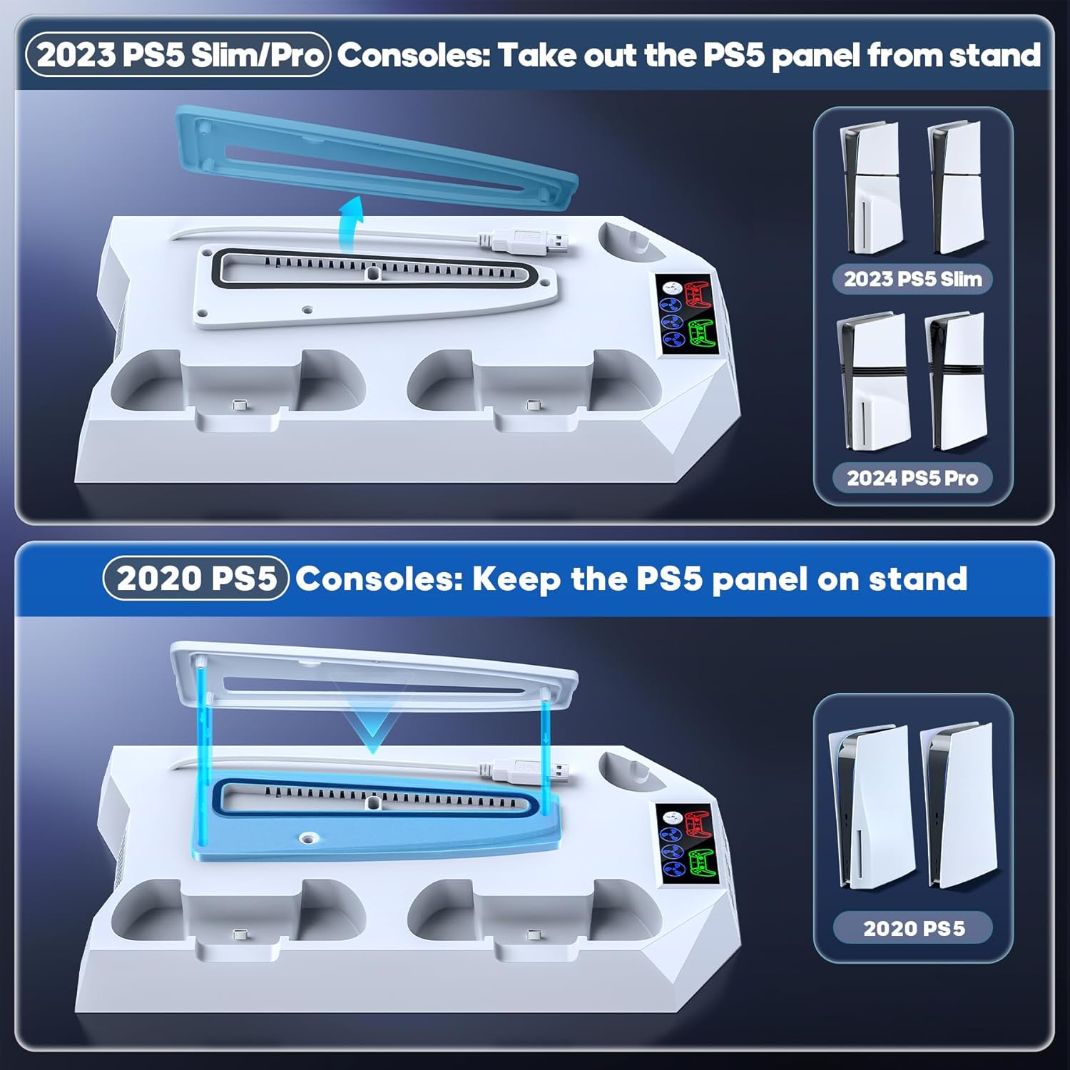 Soporte Para PS5/ Slim/Pro Con Refrigeración Y Cargador Para PS5 Mando, Ventilador Para PS5 Consola De 3 Velocidades Con Soporte Para Auriculares Y 3 USB HUB