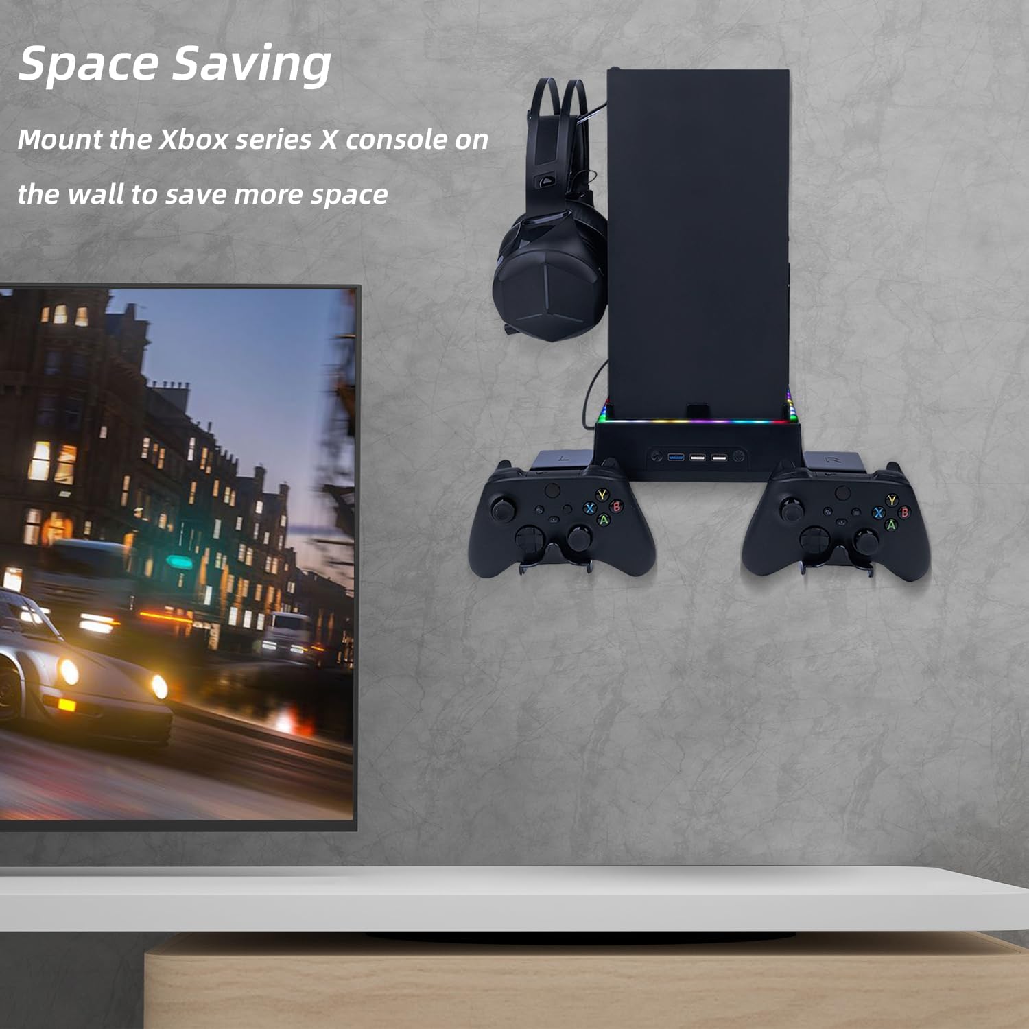 Mcbazel Soporte De Pared Xbox Series X Ventilador De Refrigeración, Soporte De Sistema De Refrigeración RGB LED Puertos Usb/Soportes Para Controladores.