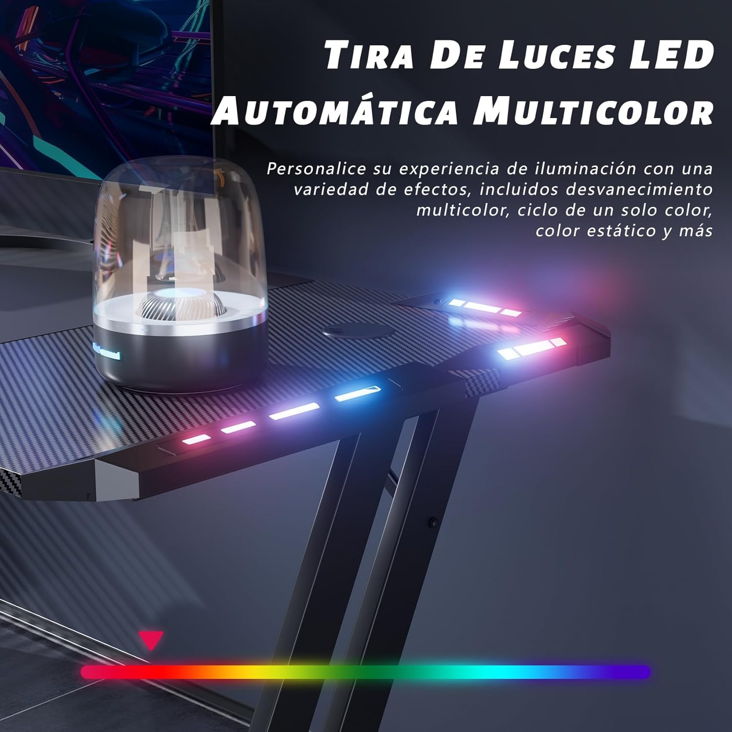 120 × 60Cm LED Mesa Gaming, Escritorio Gaming De Fibra De Carbono Ergonómicas, Escritorio Gamer Con Portavasos Y Gancho Para Auriculares, Negro