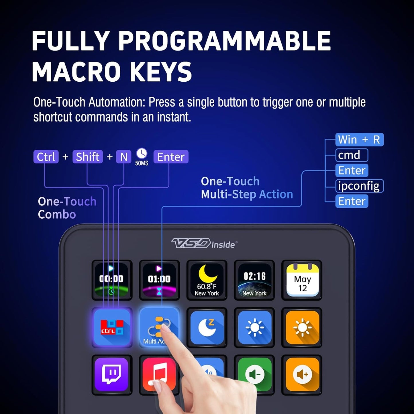 Panel de control para streaming y gaming, teclado de accesos directos con 18 teclas programables, panel visual personalizable con IA, soundboard USB compatible con OBS y YouTube, ideal para configuración de escritorio, laptop, PC y Mac.