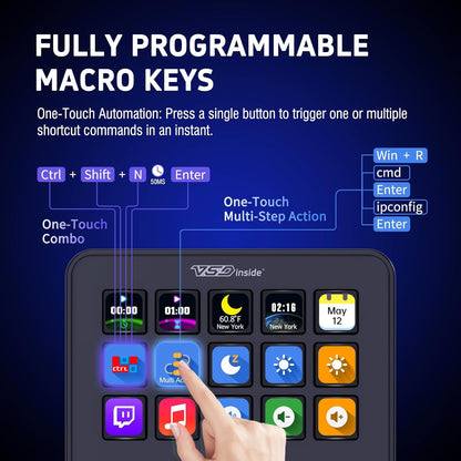 Panel de control para streaming y gaming, teclado de accesos directos con 18 teclas programables, panel visual personalizable con IA, soundboard USB compatible con OBS y YouTube, ideal para configuración de escritorio, laptop, PC y Mac.