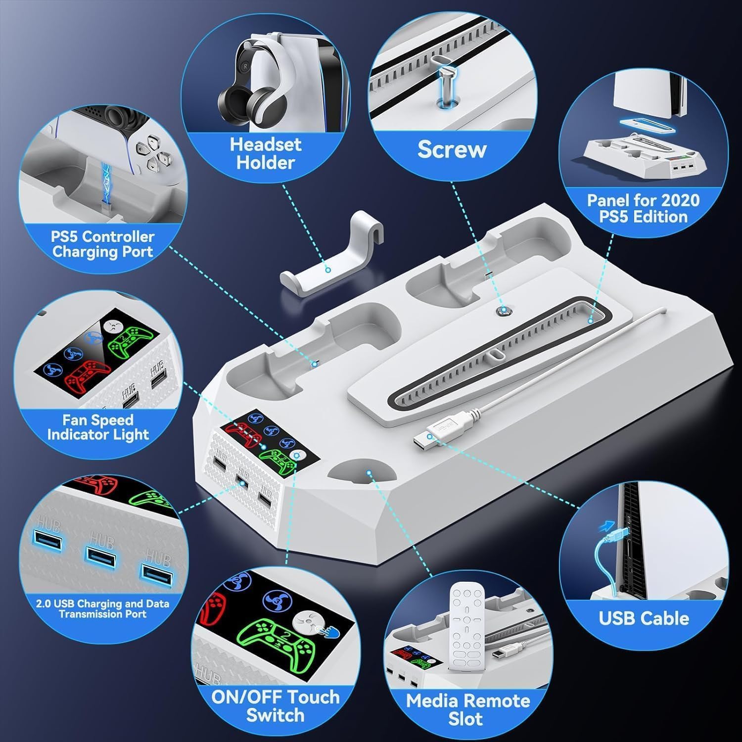 Soporte Para PS5/ Slim/Pro Con Refrigeración Y Cargador Para PS5 Mando, Ventilador Para PS5 Consola De 3 Velocidades Con Soporte Para Auriculares Y 3 USB HUB