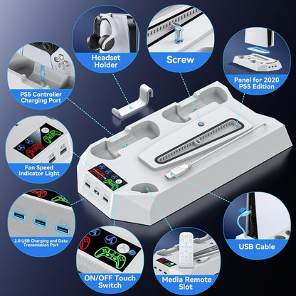 Soporte Para PS5/ Slim/Pro Con Refrigeración Y Cargador Para PS5 Mando, Ventilador Para PS5 Consola De 3 Velocidades Con Soporte Para Auriculares Y 3 USB HUB