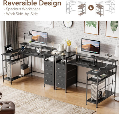 Escritorio Gaming en Forma de L de 47 Pulgadas con Tomas de Corriente y Luces LED, con Cajón para Archivos y Soporte para Monitor, Mesa de Esquina para Gamer para Oficina en Casa con Estantes de Almacenamiento