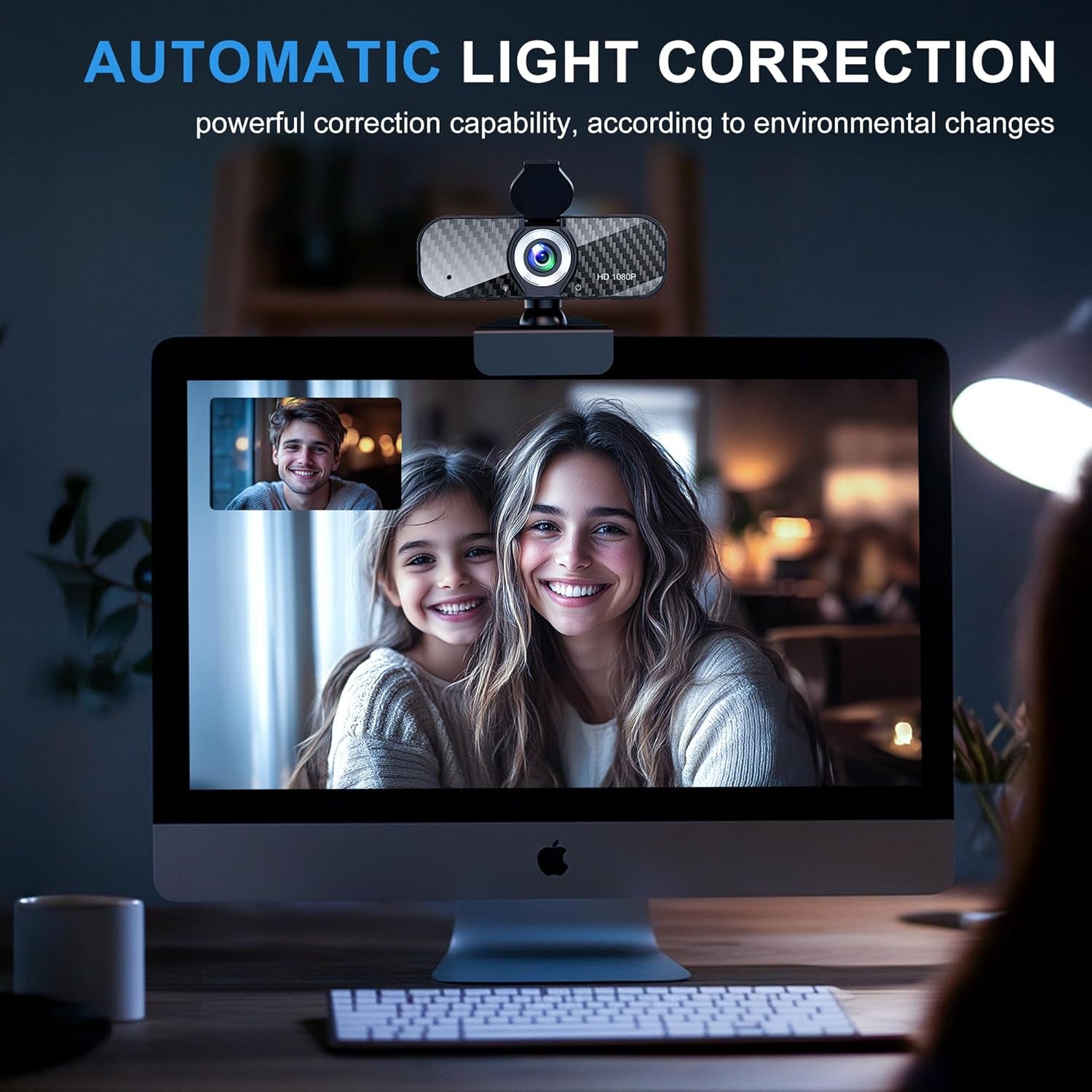 Cámara Web Full HD 1080P con Micrófono Integrado y Trípode Giratorio, Panel de Fibra de Carbono y Cubierta de Privacidad, Corrección Automática de Luz, Campo de Visión Ajustable, Plug & Play