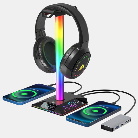 Soporte para auriculares para juegos, accesorios para PC: soporte RGB con 2 cargadores USB, soporte LED para auriculares, accesorios para juegos 
