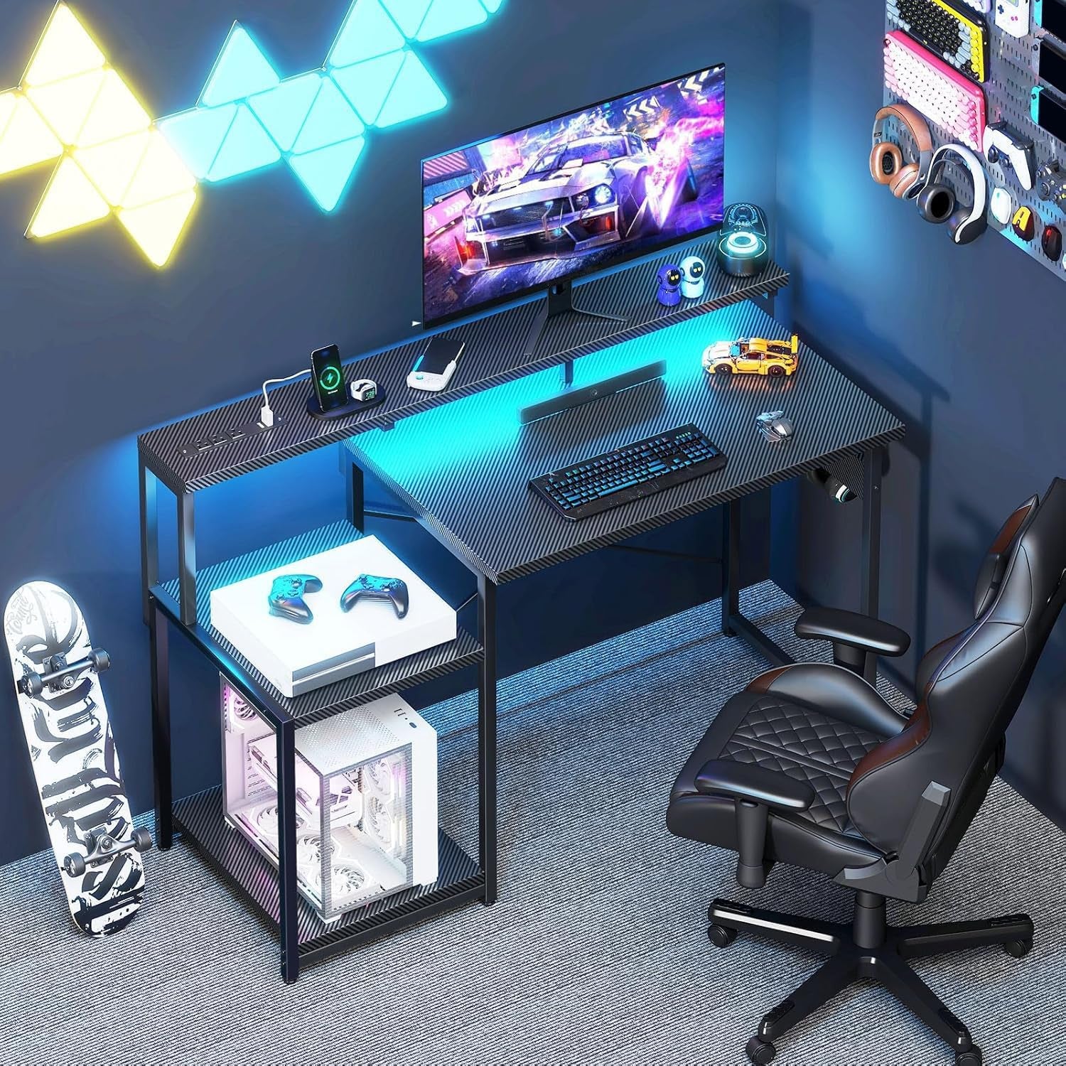 Escritorio Gaming de 48 Pulgadas con Luces LED y Toma de Corriente,  de Oficina con Estantes de Almacenamiento, Escritorio Reversible con Estante para Monitor y Gancho para Auriculares