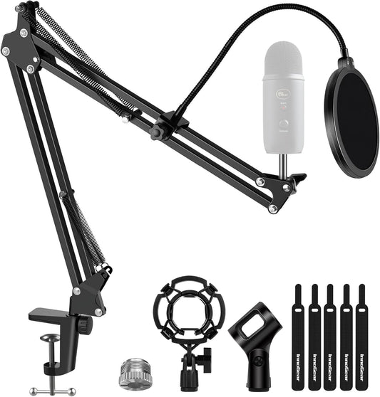 Soporte de micrófono con brazo articulado para Blue Yeti, Hyperx, Quadcast S, Solocast, Snowball, Fifine K669B y otros micrófonos, con soporte amortiguador, parabrisas, filtro antipop, soporte para clip de micrófono, bridas para cables, tamaño mediano