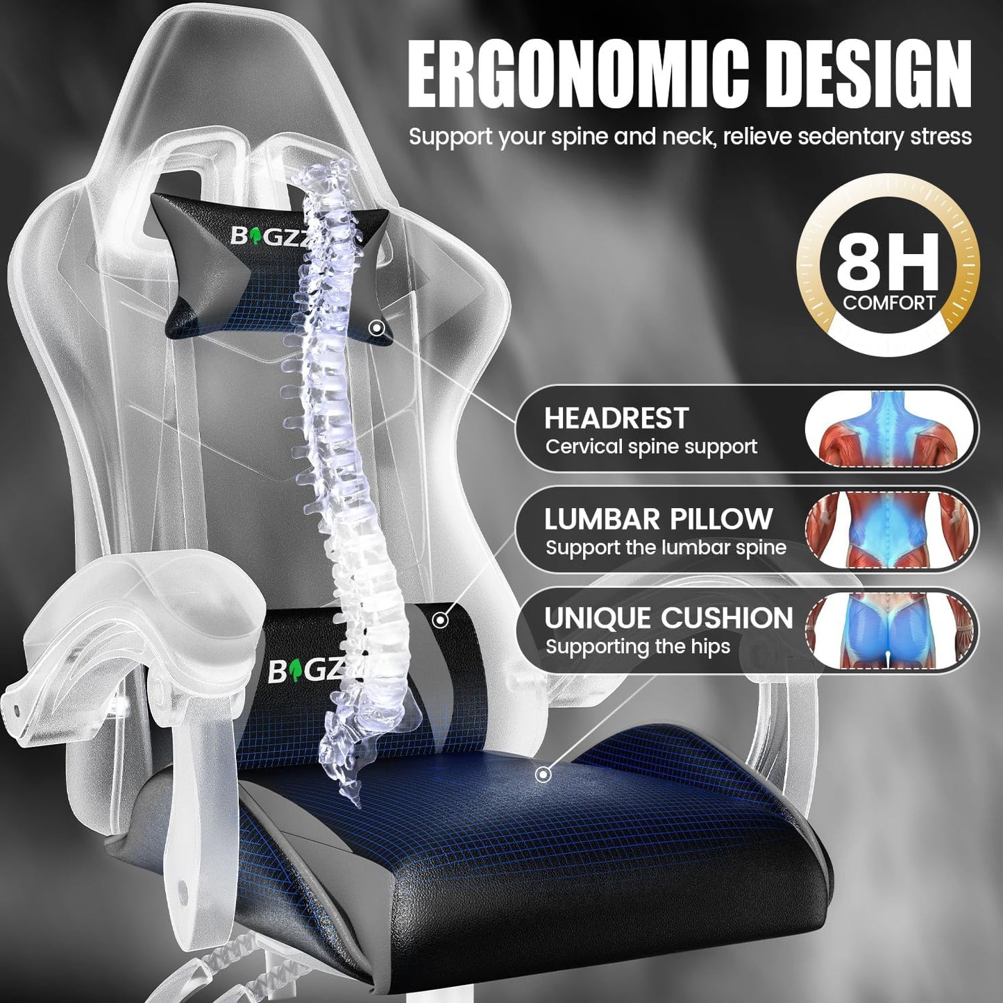 Bigzzia Silla Gaming, Ergonómica En Cuero PU, Regulable En Altura Con Soporte Lumbar Y Reposacabezas, Respaldo Reclinable 155°