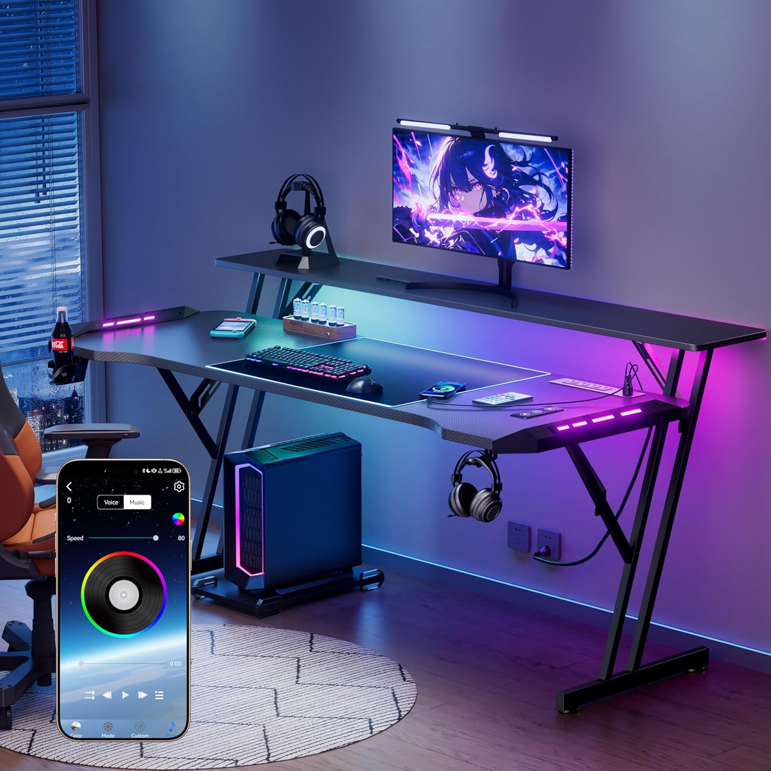 Escritorio Para Juegos De 120 Cm, Escritorio Inteligente Para Gamers Con Luces LED Y Alfombrilla Para Ratón, Soporte Para Monitor, Gancho Lateral 