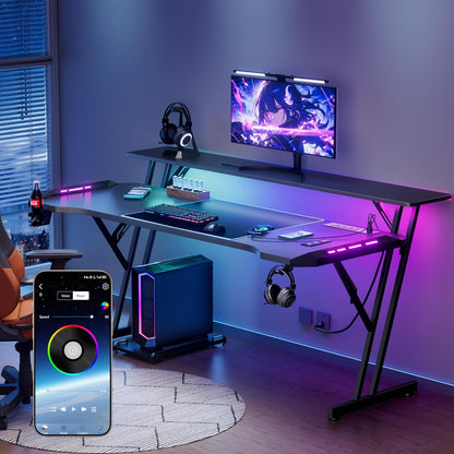 Escritorio Para Juegos De 120 Cm, Escritorio Inteligente Para Gamers Con Luces LED Y Alfombrilla Para Ratón, Soporte Para Monitor, Gancho Lateral 