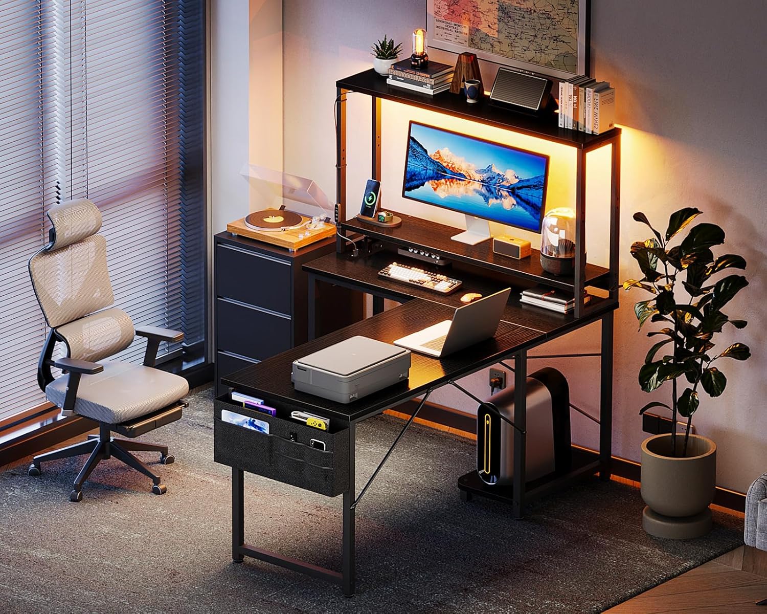 Coleshome Escritorio Gaming En L Con LED Y Enchufes, 110 × 80 Cm Escritorio Gamer Reversible Con Estantes, Escritorio Esquinero Con Bolsa De Almacenamiento Y Gancho.