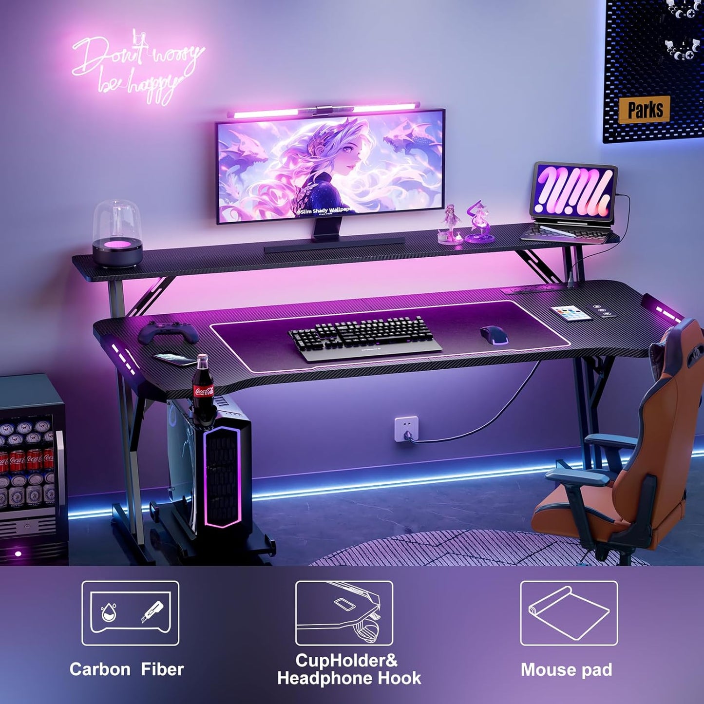 Escritorio Para Juegos De 120 Cm, Escritorio Inteligente Para Gamers Con Luces LED Y Alfombrilla Para Ratón, Soporte Para Monitor, Gancho Lateral 