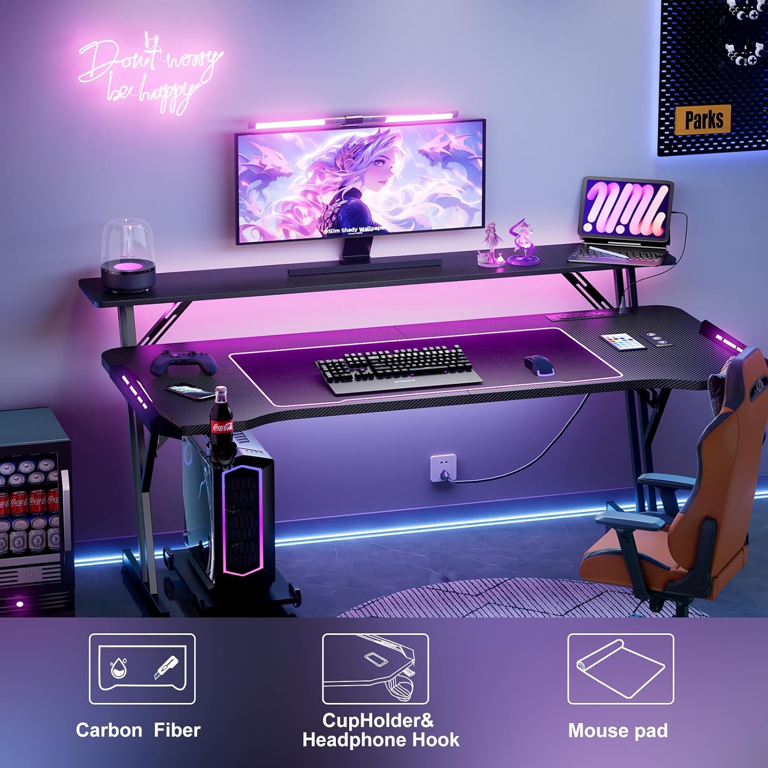 Escritorio Para Juegos De 120 Cm, Escritorio Inteligente Para Gamers Con Luces LED Y Alfombrilla Para Ratón, Soporte Para Monitor, Gancho Lateral 