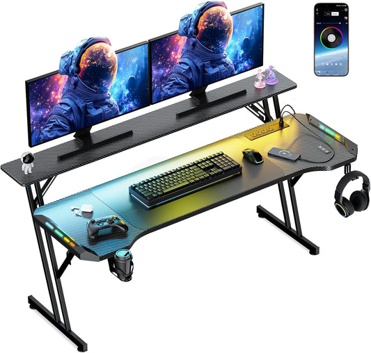 Escritorio Para Juegos De 120 Cm, Escritorio Inteligente Para Gamers Con Luces LED Y Alfombrilla Para Ratón, Soporte Para Monitor, Gancho Lateral 