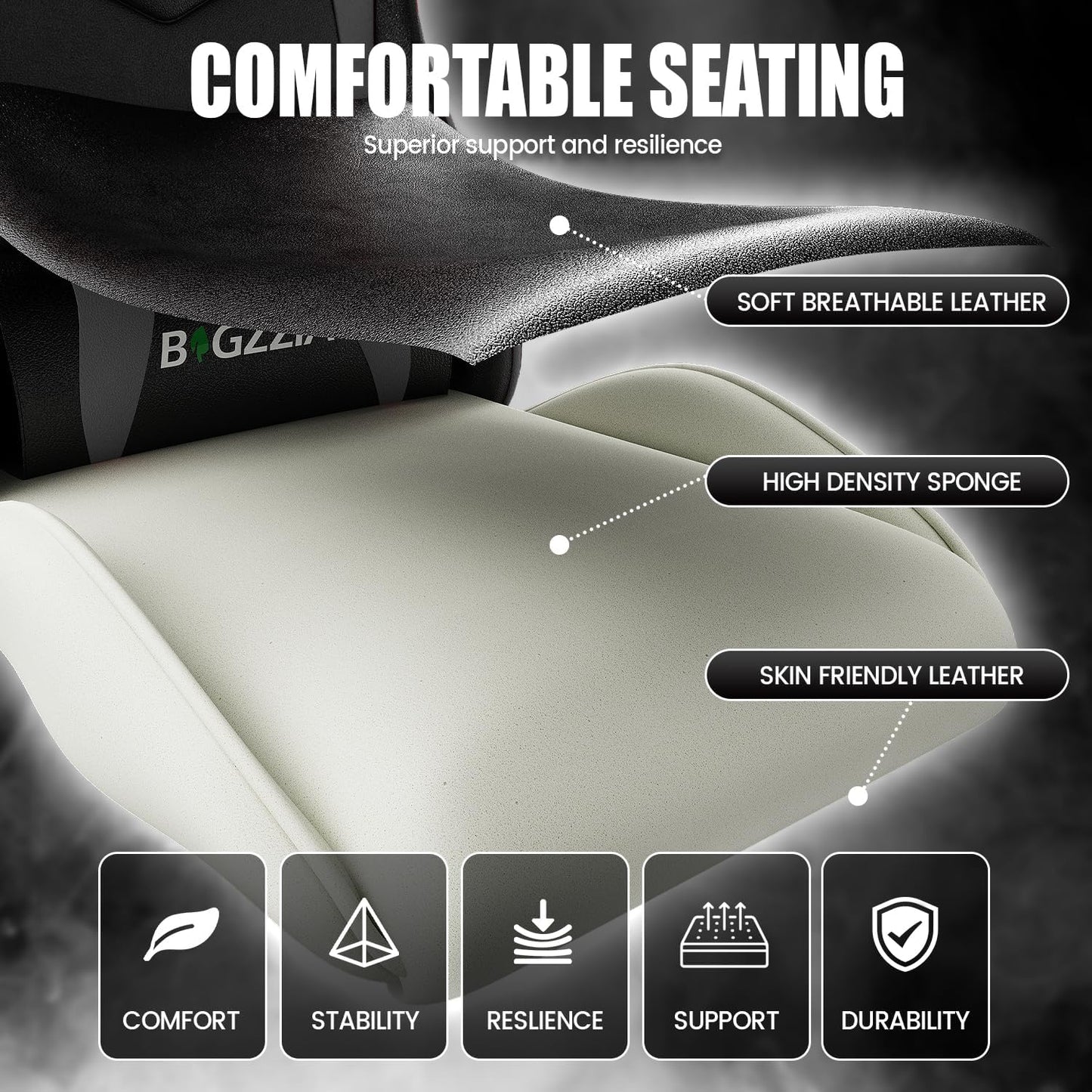 Bigzzia Silla Gaming, Ergonómica En Cuero PU, Regulable En Altura Con Soporte Lumbar Y Reposacabezas, Respaldo Reclinable 155°