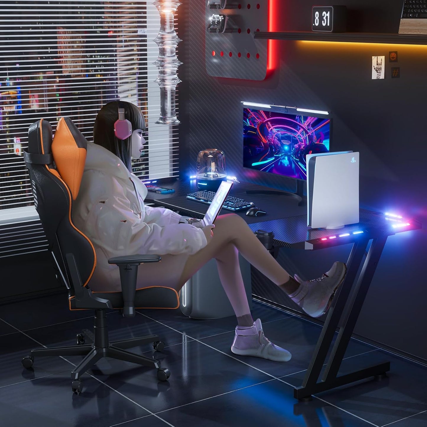 120 × 60Cm LED Mesa Gaming, Escritorio Gaming De Fibra De Carbono Ergonómicas, Escritorio Gamer Con Portavasos Y Gancho Para Auriculares, Negro