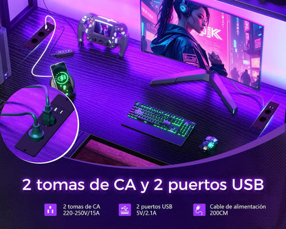 ODK Escritorio Gaming Con LED, 150×120 Cm Escritorio Con Estante Reversible, Escritorio En L Con Enchufes Y Puertos USB, Negro Con Compartimentos Y Almacenamiento