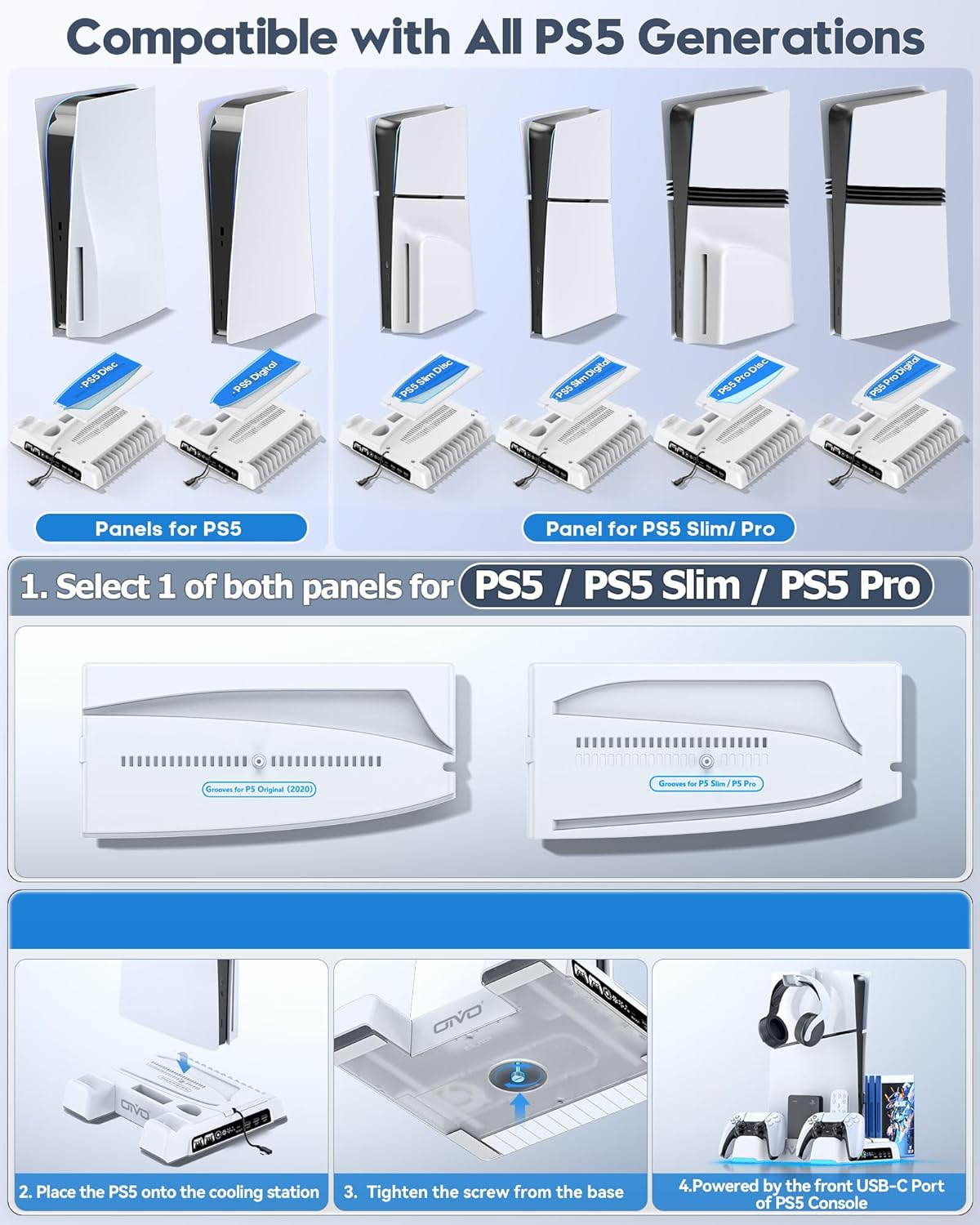 OIVO Soporte Para Ps5/Slim/Pro Con Ventilador De 3 Velocidades, Cargador Para Mando Playstation, Soporte PS5 Vertical Con 3 Puertos USB Y Ranuras De 14 Juegos