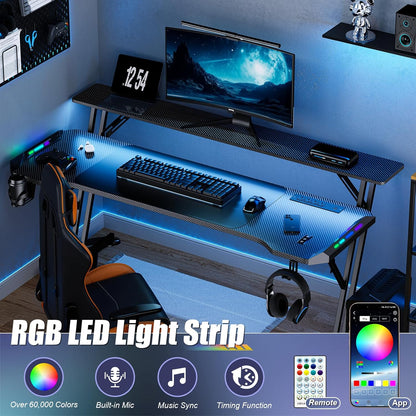 Escritorio Para Juegos De 120 Cm, Escritorio Inteligente Para Gamers Con Luces LED Y Alfombrilla Para Ratón, Soporte Para Monitor, Gancho Lateral 