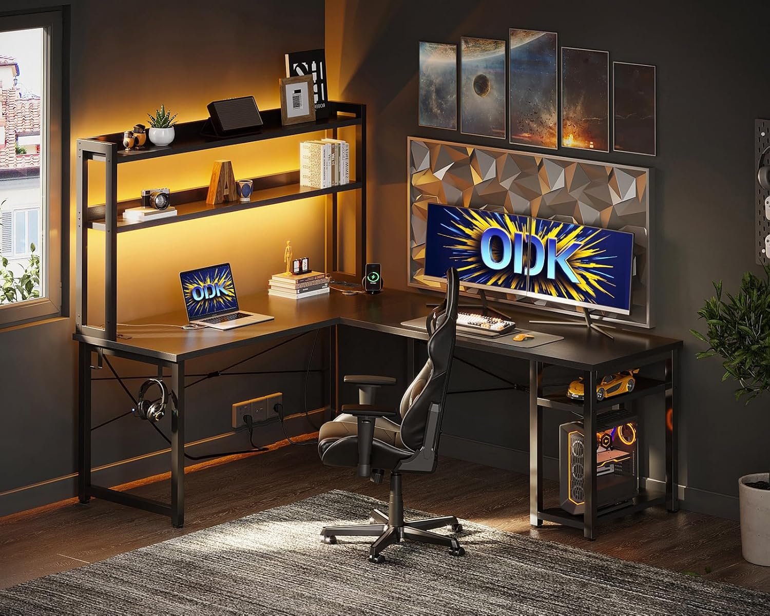 ODK Escritorio Gaming Con LED, 150×120 Cm Escritorio Con Estante Reversible, Escritorio En L Con Enchufes Y Puertos USB, Negro Con Compartimentos Y Almacenamiento