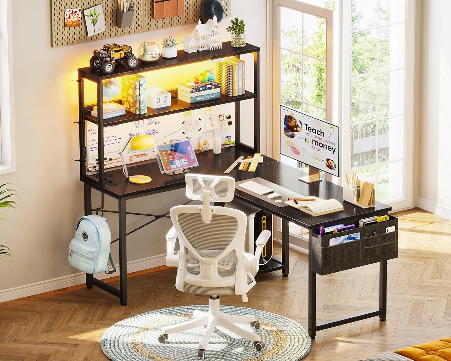 Coleshome Escritorio Gaming En L Con LED Y Enchufes, 110 × 80 Cm Escritorio Gamer Reversible Con Estantes, Escritorio Esquinero Con Bolsa De Almacenamiento Y Gancho.