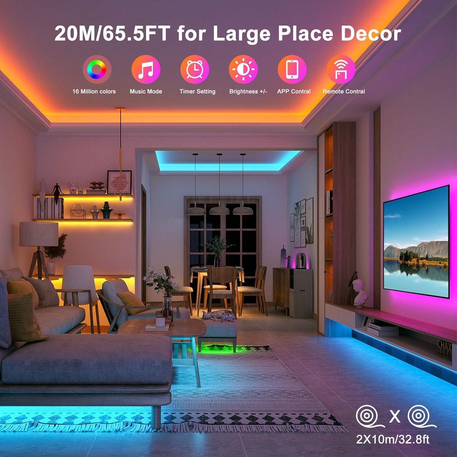 Tira LED, Luces LED Habitación 20 Metros, LED Strip Lights RGB, Sincronización Musical Bluetooth, 28 Modos, Control De Remoto 40 Botones Y App