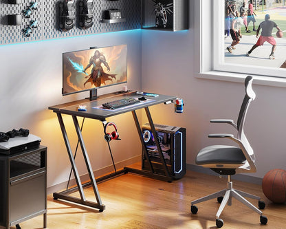 ODK 80 × 50 Cm Mesa Gaming Con Luces LED Y Toma De Corriente, Escritorio Gaming Con Soporte Para Taza Y Gancho Para Auriculares, Fibra De Carbono Negro
