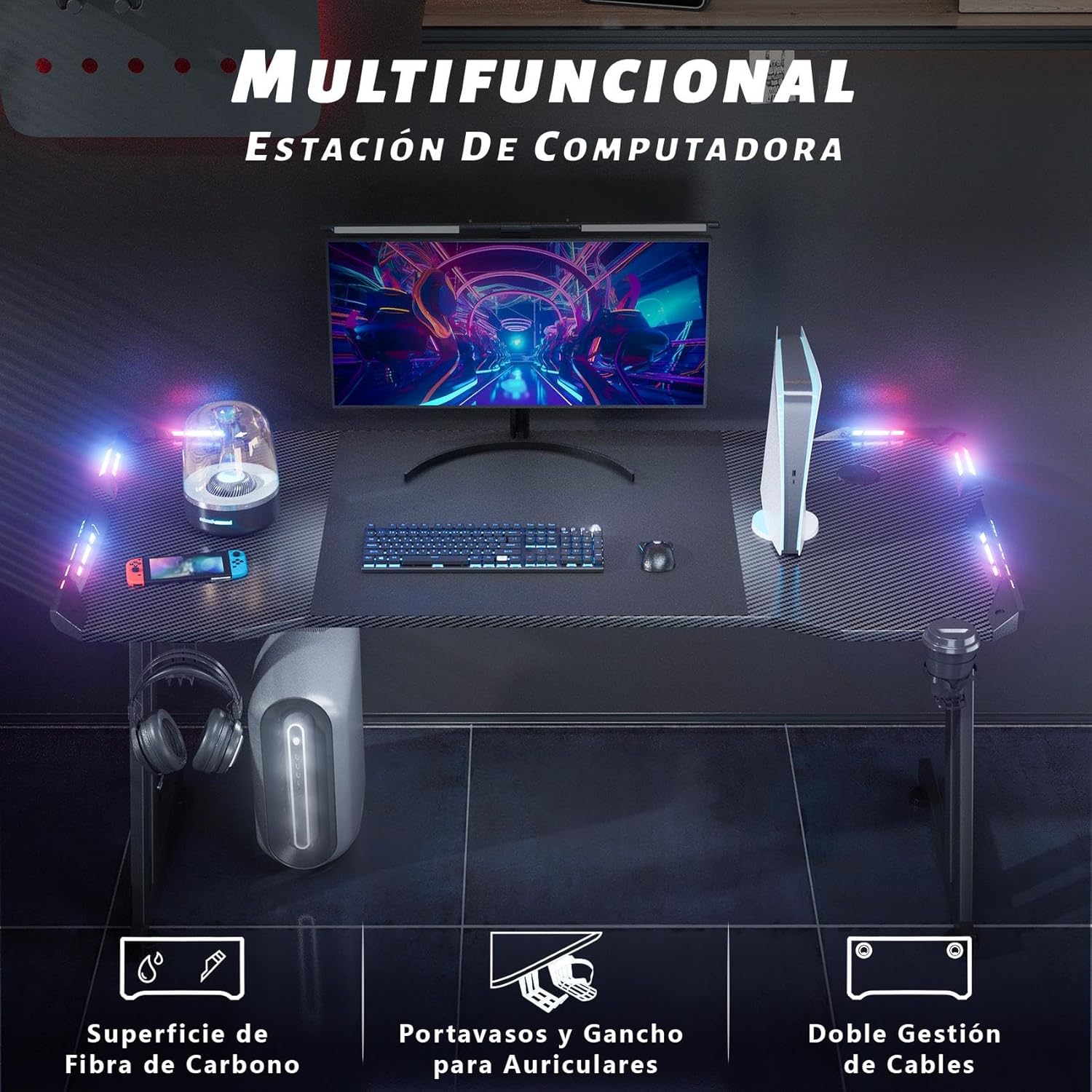 120 × 60Cm LED Mesa Gaming, Escritorio Gaming De Fibra De Carbono Ergonómicas, Escritorio Gamer Con Portavasos Y Gancho Para Auriculares, Negro