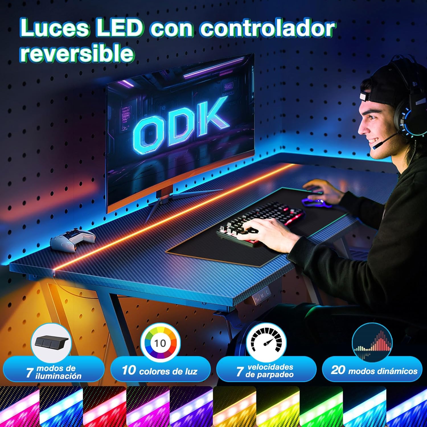 ODK 80 × 50 Cm Mesa Gaming Con Luces LED Y Toma De Corriente, Escritorio Gaming Con Soporte Para Taza Y Gancho Para Auriculares, Fibra De Carbono Negro