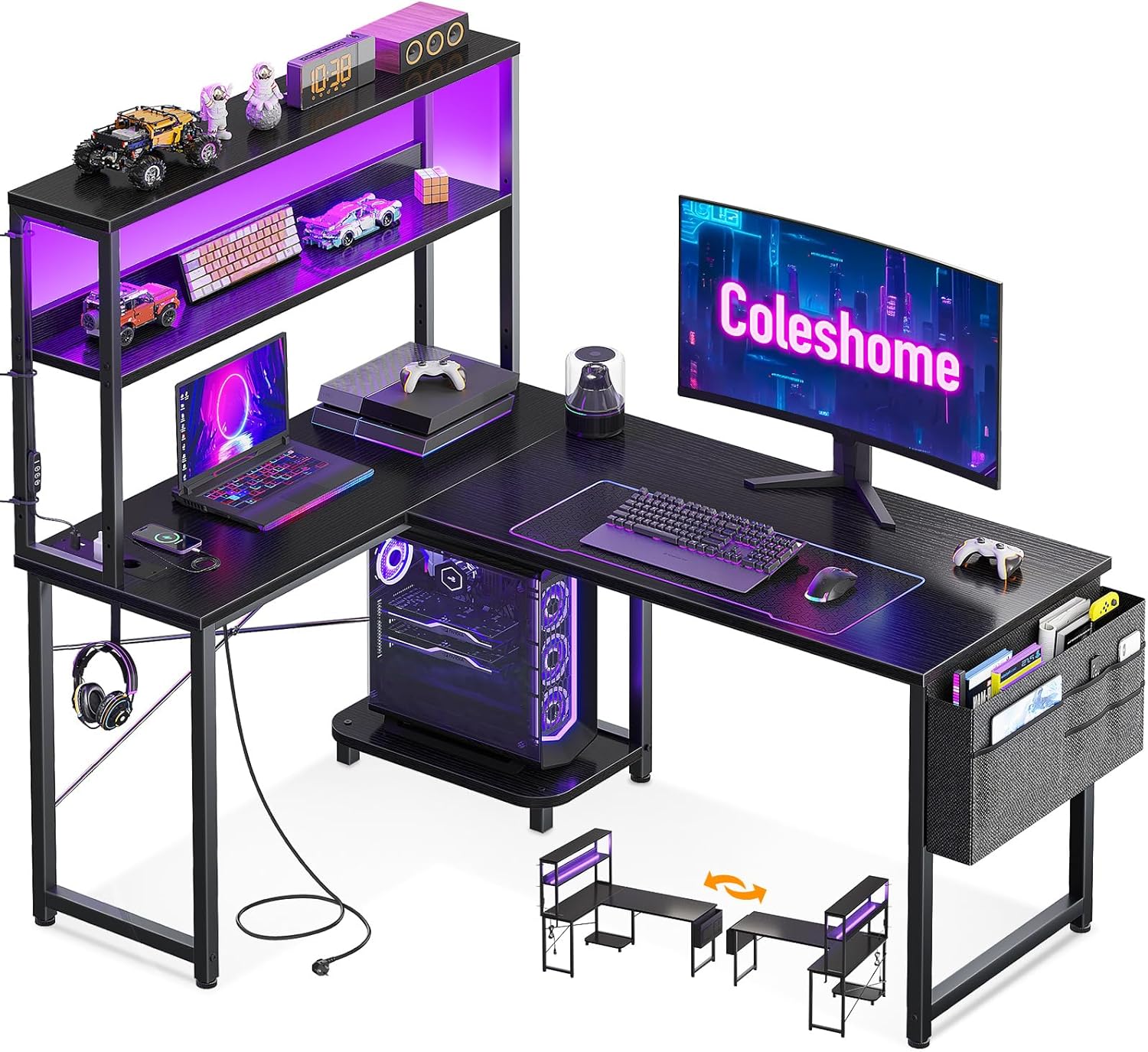 Coleshome Escritorio Gaming En L Con LED Y Enchufes, 110 × 80 Cm Escritorio Gamer Reversible Con Estantes, Escritorio Esquinero Con Bolsa De Almacenamiento Y Gancho.
