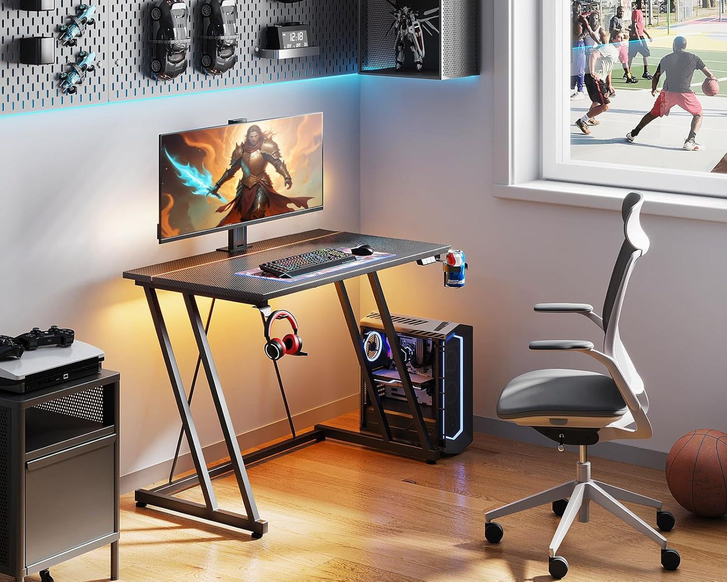 ODK 80 × 50 Cm Mesa Gaming Con Luces LED Y Toma De Corriente, Escritorio Gaming Con Soporte Para Taza Y Gancho Para Auriculares, Fibra De Carbono Negro