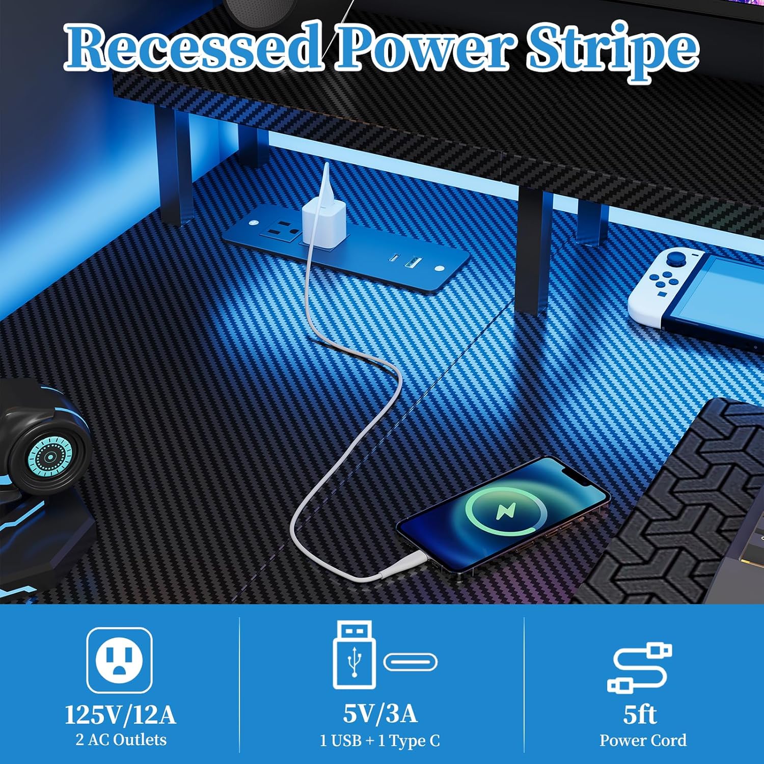 100 x 50 cm Escritorio L Con Luces LED Y Enchufes, Escritorio De Juego Con 2 Estantes, Con Soporte Para Monitor, Negro Carbón​